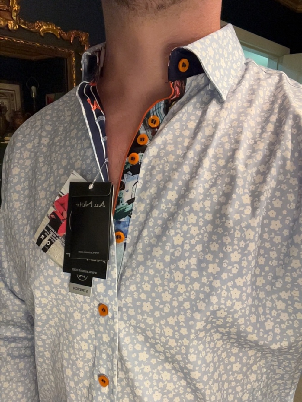 Au Noir Men’s Long Sleeve Light Blue Floral Dress Shirt. Size 3/Medium - Picture 12 of 12